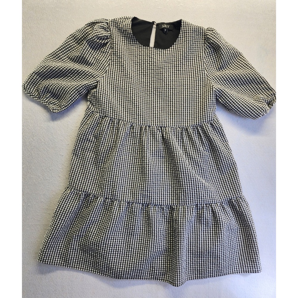L.N.V. Womens Gingham Tiered Babydoll Dress Black White Puff Sleeve Size M - Picture 8 of 8